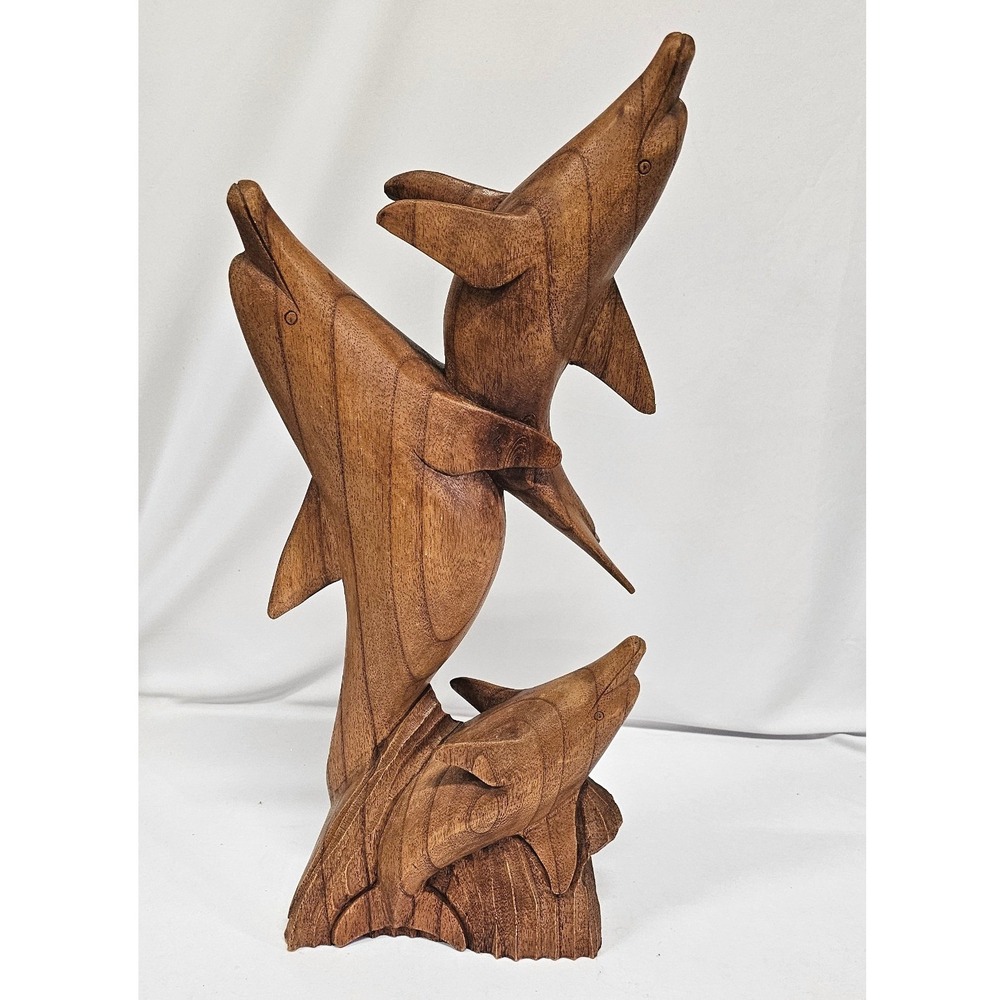 Vintage Hand Carved Wood Dolphin Trio Sculpture Nautical Coastal Home Decor Art